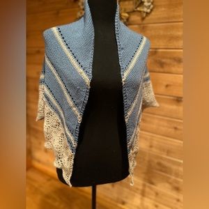 Absolutely gorgeous hand knit vintage blue and tan shawl